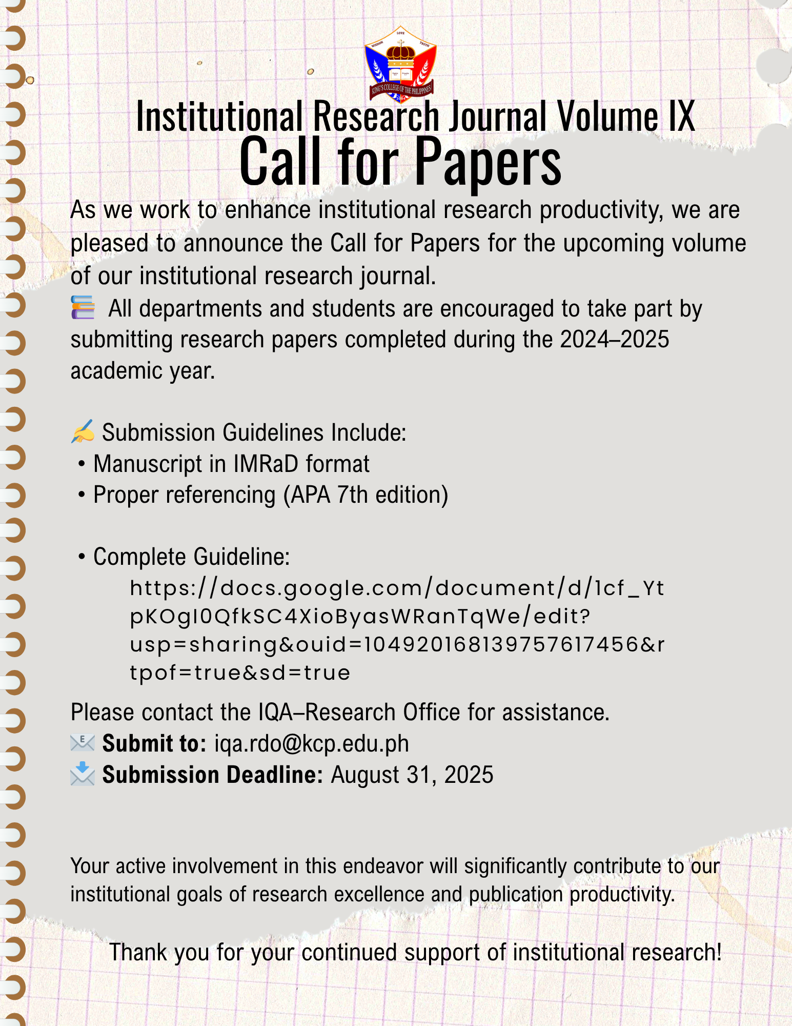 Call for Papers: Institutional Research Journal Volume IX