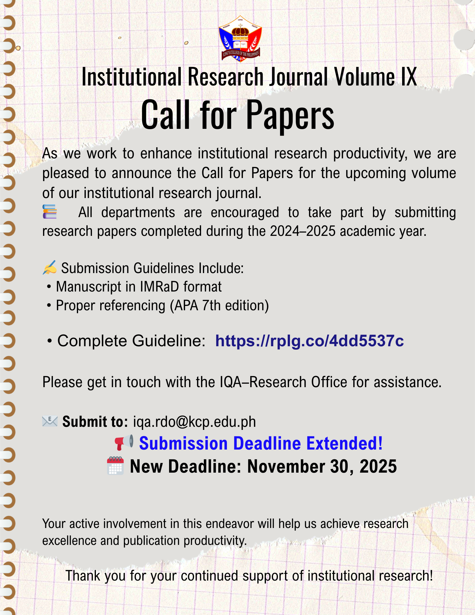 Call for Papers: Institutional Research Journal Volume IX