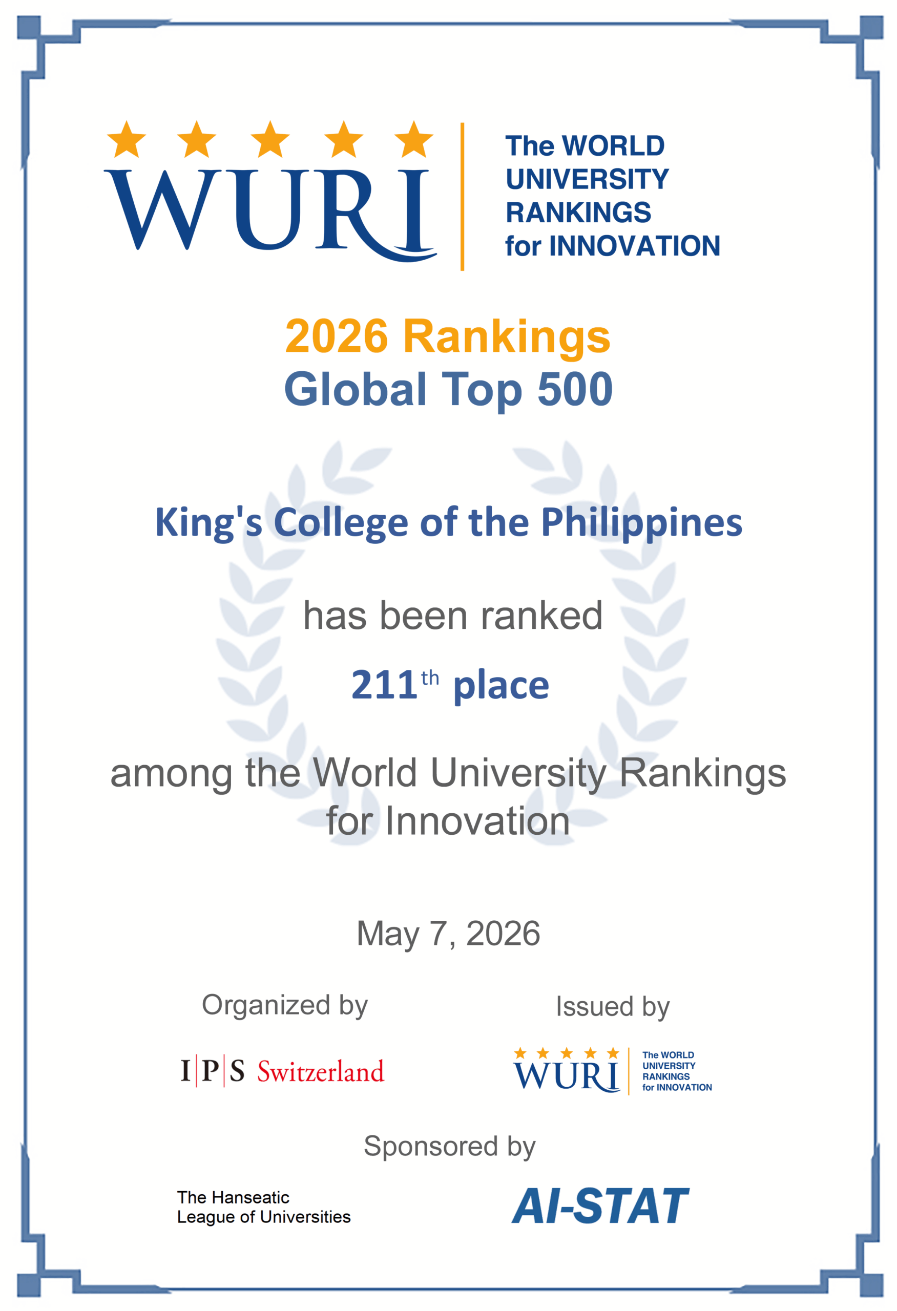 Official WURI Global Top 500 Certificate – King’s College of the Philippines ranked 211th worldwide