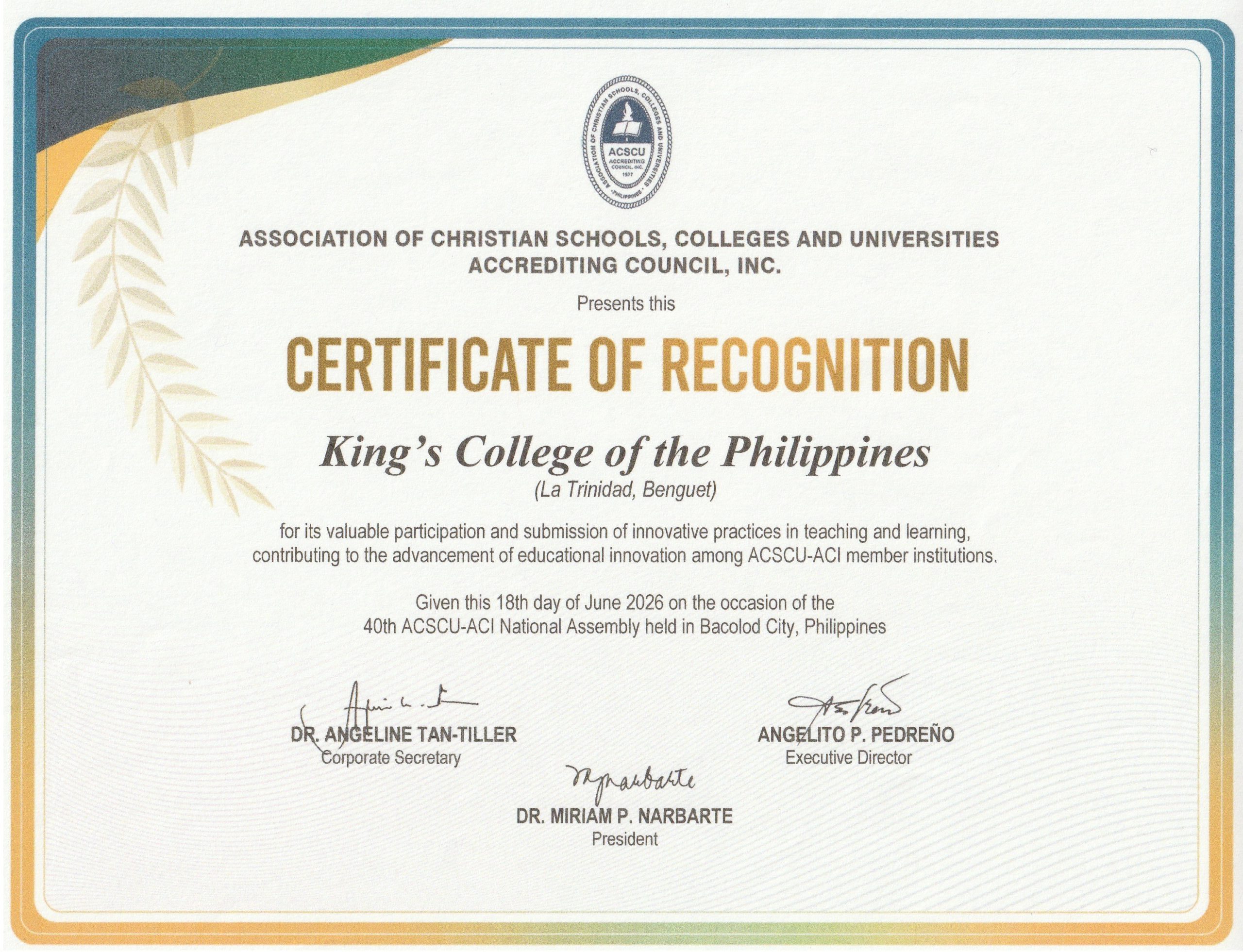 King’s College of the Philippines Recognized at the 40th ACSCU-ACI National Assembly