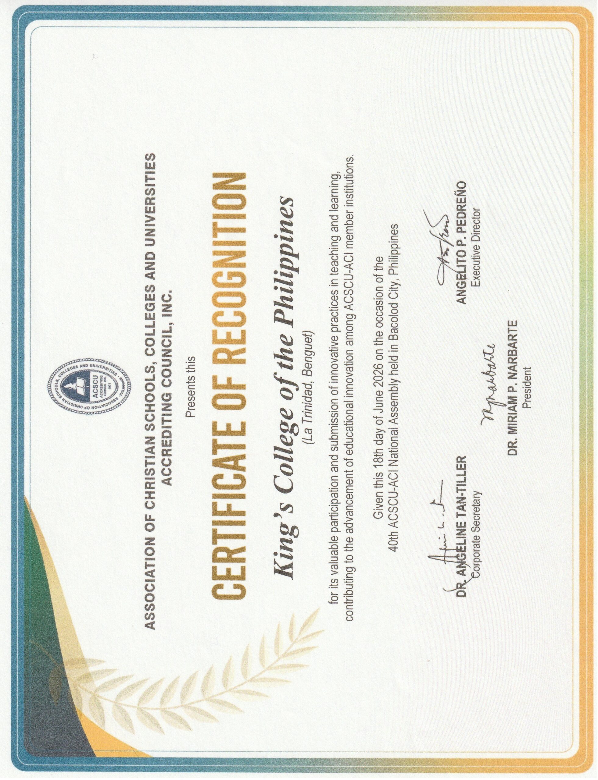 King’s College of the Philippines Recognized at the 40th ACSCU-ACI National Assembly